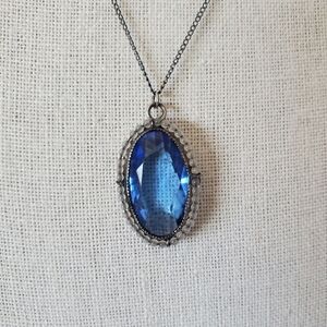 Antique Art Deco Blue Glass Oval Halo Pendant Necklace